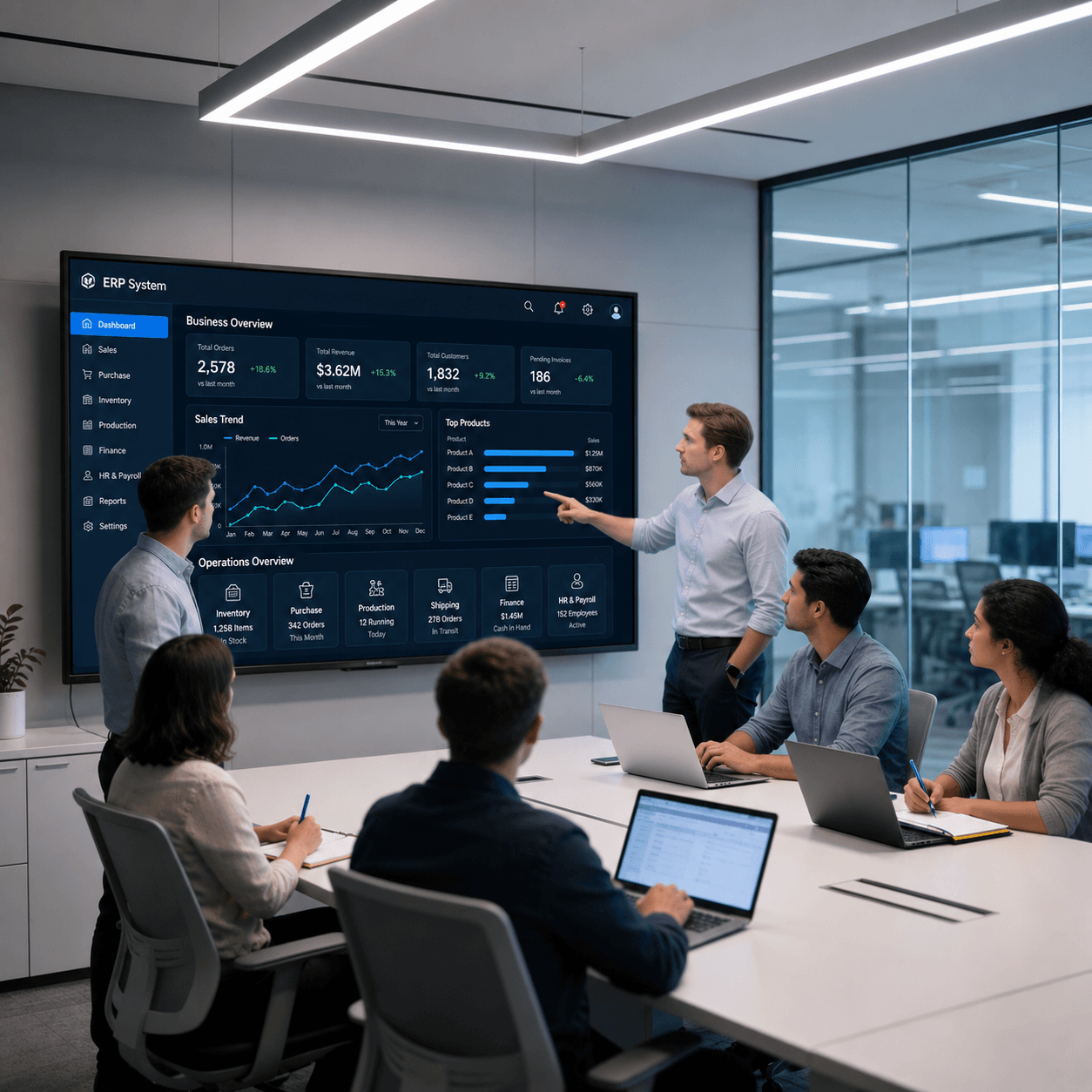 Team reviewing an ERP operations dashboard on a large screen